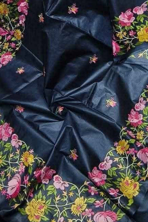 Elegant Blue Bhagalpur Pure Tussar Silk Embroidered Saree - Luxurion World