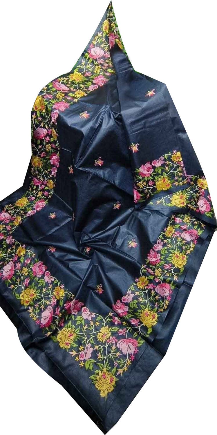 Elegant Blue Bhagalpur Pure Tussar Silk Embroidered Saree