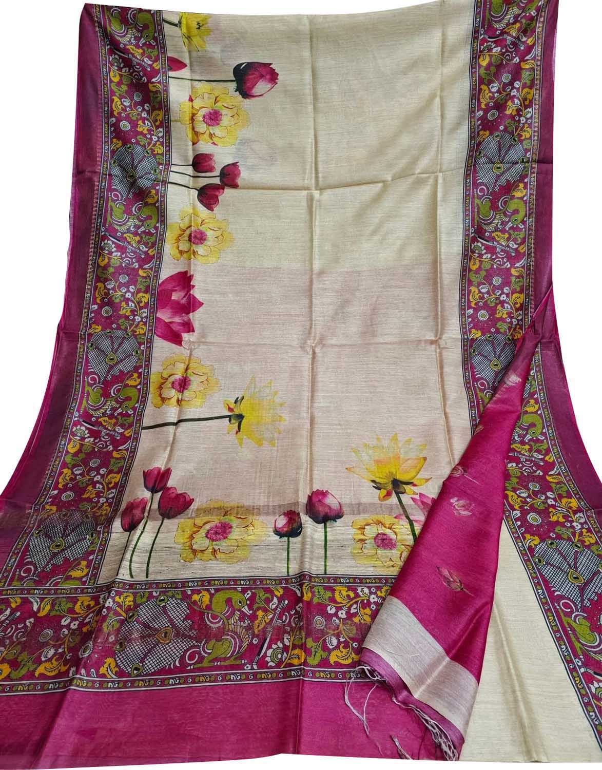 Exquisite Pastel Bhagalpur Pure Moonga Tussar Silk Digital Printed Saree - Luxurion World