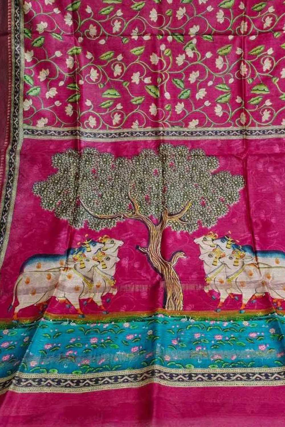 Stunning Pink Bhagalpur Pure Moonga Tussar Silk Digital Printed Saree - Luxurion World