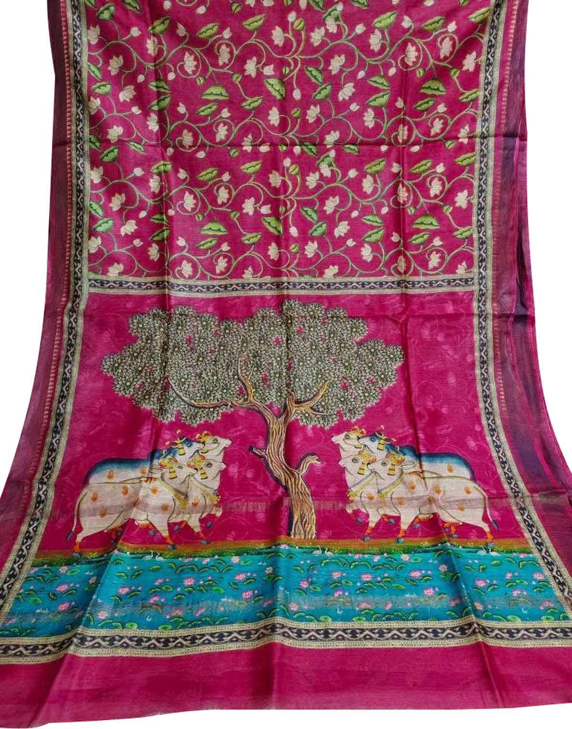 Stunning Pink Bhagalpur Pure Moonga Tussar Silk Digital Printed Saree