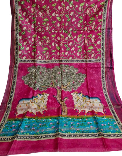 Stunning Pink Bhagalpur Pure Moonga Tussar Silk Digital Printed Saree