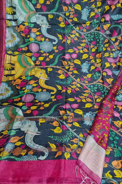 Elegant Black Bhagalpur Pure Moonga Tussar Silk Digital Printed Saree