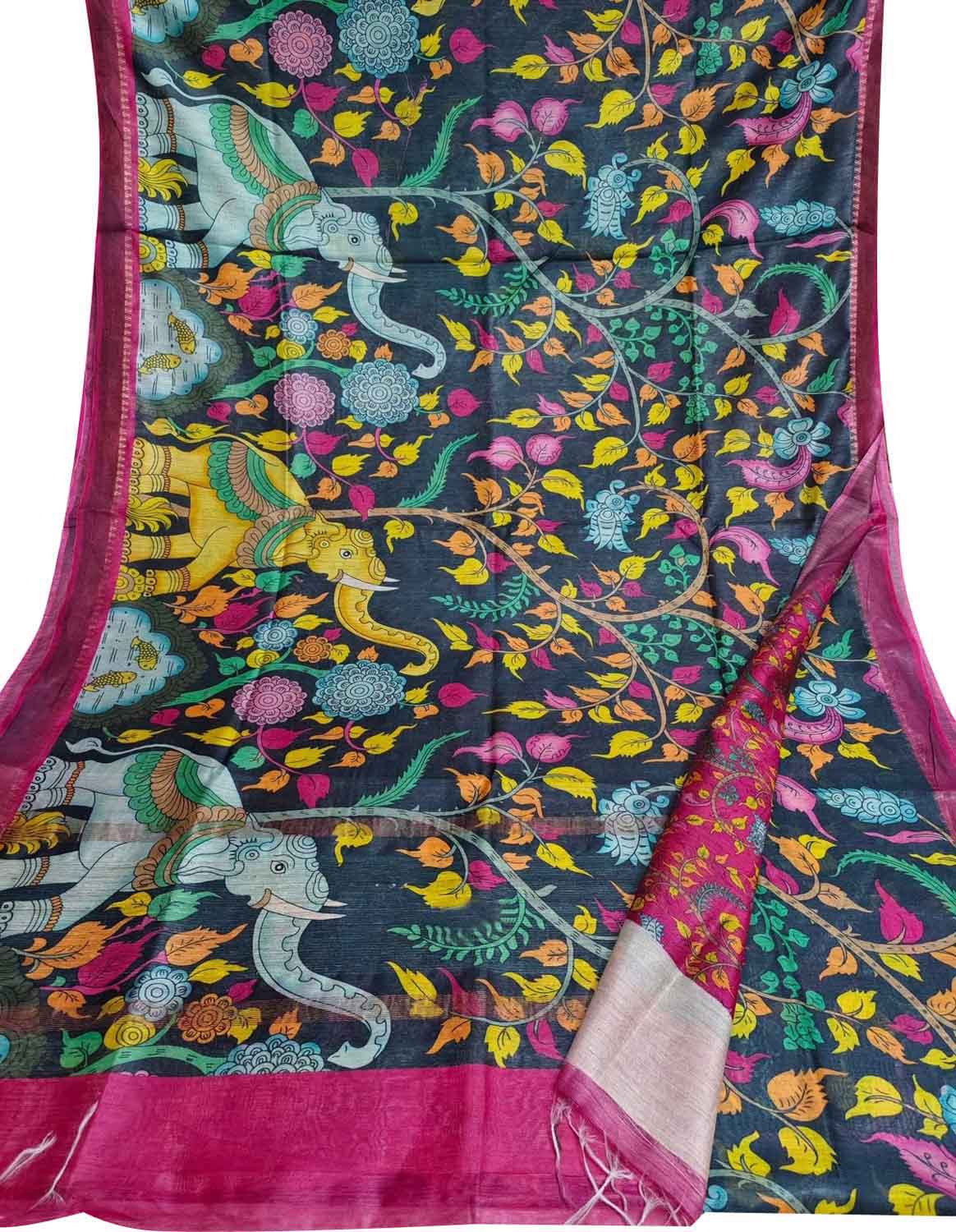 Elegant Black Bhagalpur Pure Moonga Tussar Silk Digital Printed Saree