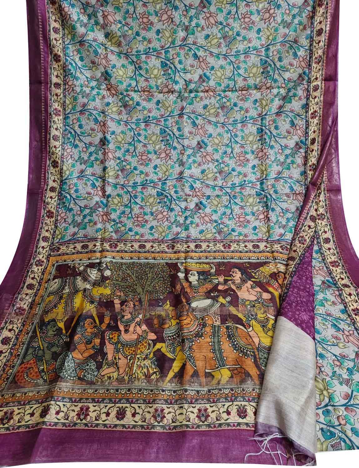 Multicolor Bhagalpur Pure Moonga Tussar Silk Digital Printed Saree - Luxurion World