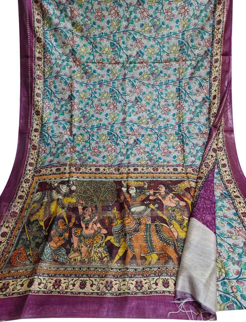 Multicolor Bhagalpur Pure Moonga Tussar Silk Digital Printed Saree - Luxurion World