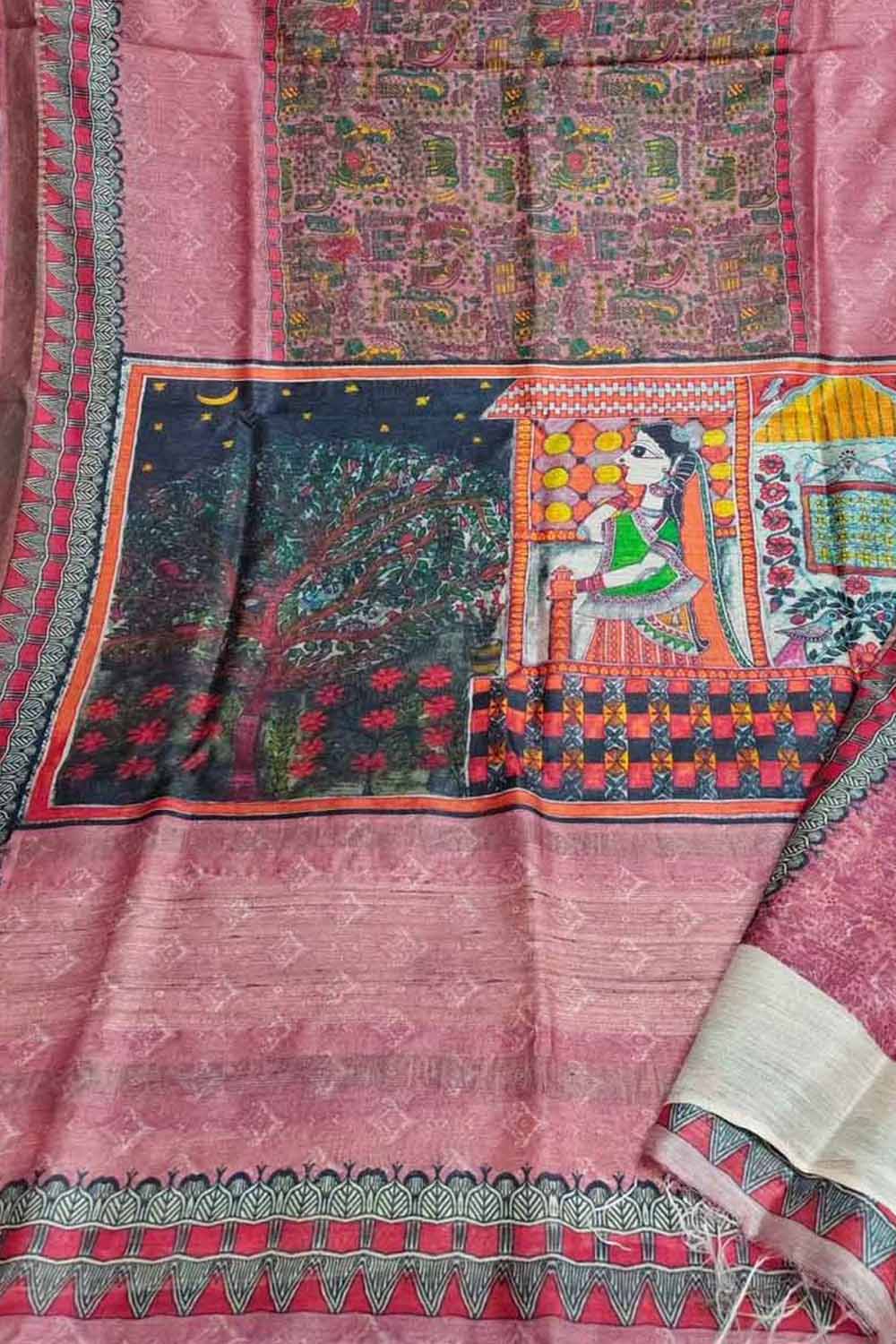 Elegant Pink Bhagalpur Pure Moonga Tussar Silk Digital Printed Saree