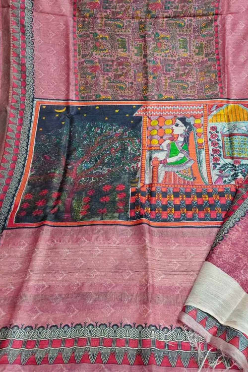 Elegant Pink Bhagalpur Pure Moonga Tussar Silk Digital Printed Saree - Luxurion World