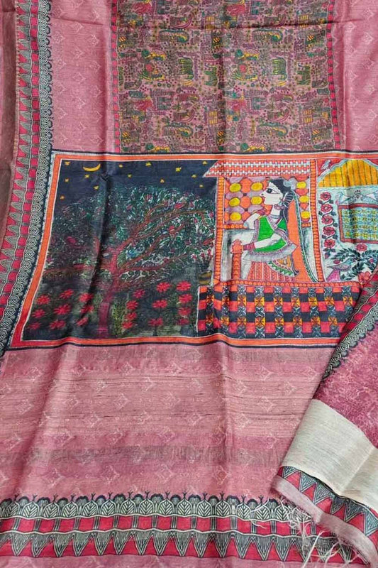 Pink Bhagalpur Pure Moonga Tussar Silk Digital Printed Saree