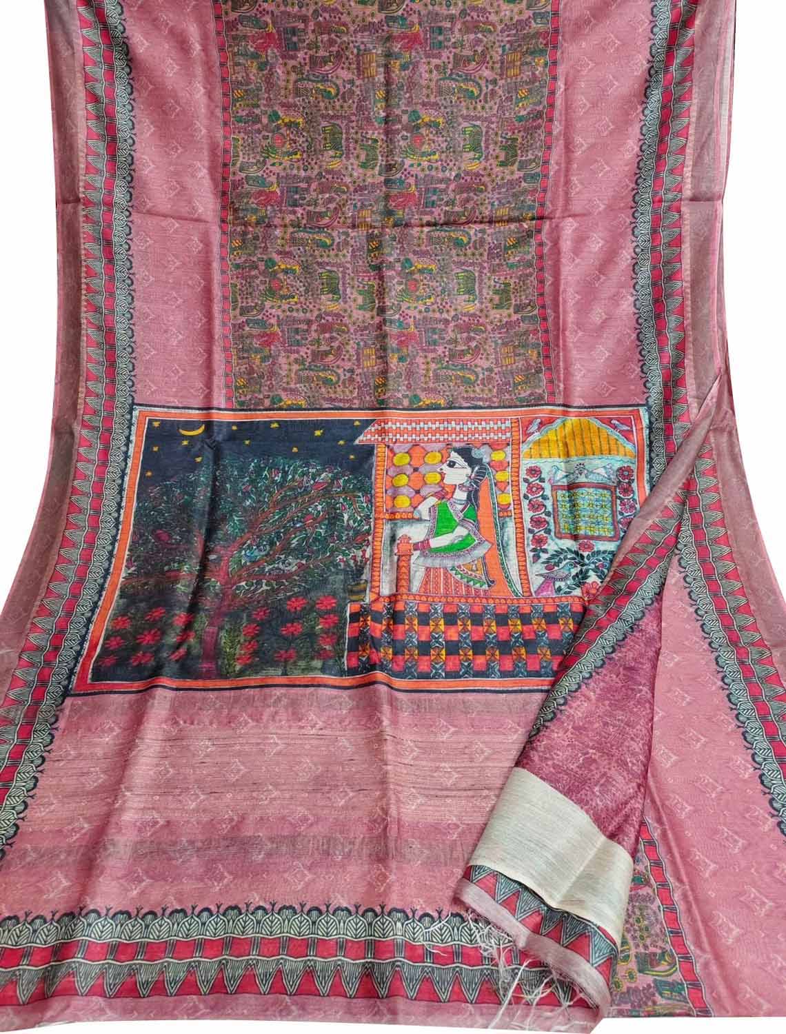 Elegant Pink Bhagalpur Pure Moonga Tussar Silk Digital Printed Saree