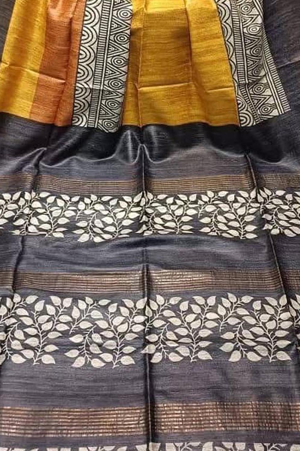 Yellow Bhagalpur Pure Ghicha Tussar Silk Block Printed Saree - Luxurion World