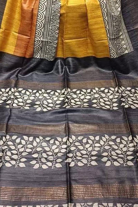 Yellow Bhagalpur Pure Ghicha Tussar Silk Block Printed Saree - Luxurion World