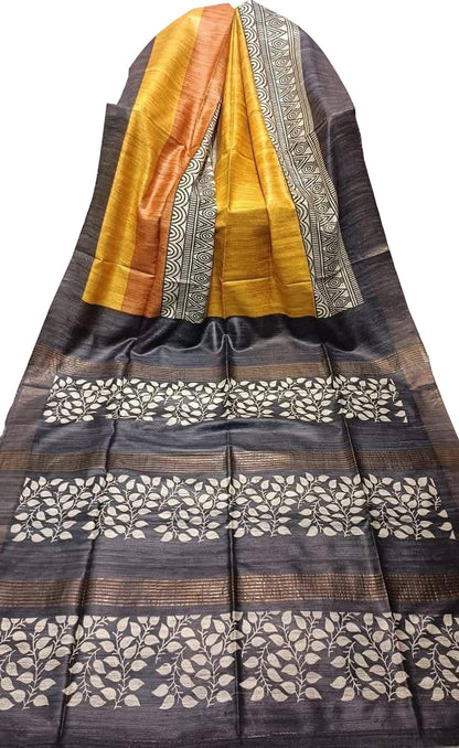 Yellow Bhagalpur Pure Ghicha Tussar Silk Block Printed Saree - Luxurion World