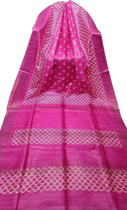 Pink Bhagalpur Pure Ghicha Tussar Silk Block Printed Saree - Luxurion World