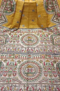 Yellow Bhagalpur Pure Ghicha Tussar Silk Block Printed Saree - Luxurion World