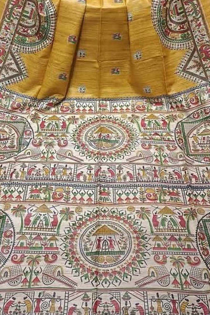 Yellow Bhagalpur Pure Ghicha Tussar Silk Block Printed Saree - Luxurion World