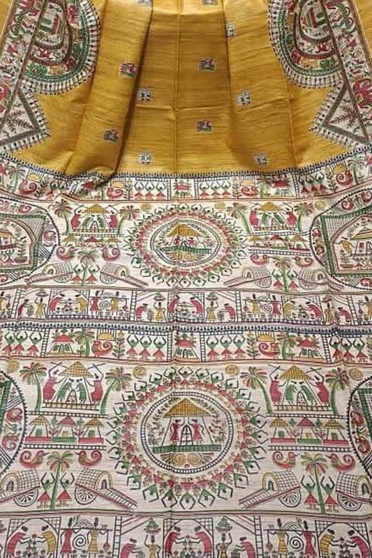 Yellow Bhagalpur Pure Ghicha Tussar Silk Block Printed Saree - Luxurion World