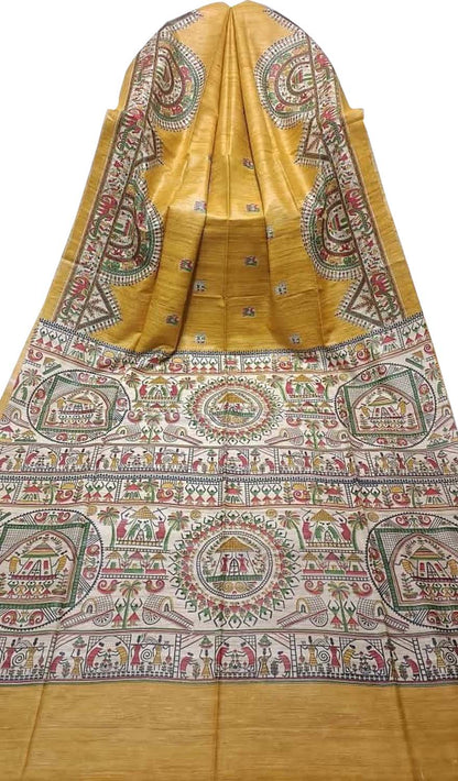 Yellow Bhagalpur Pure Ghicha Tussar Silk Block Printed Saree - Luxurion World