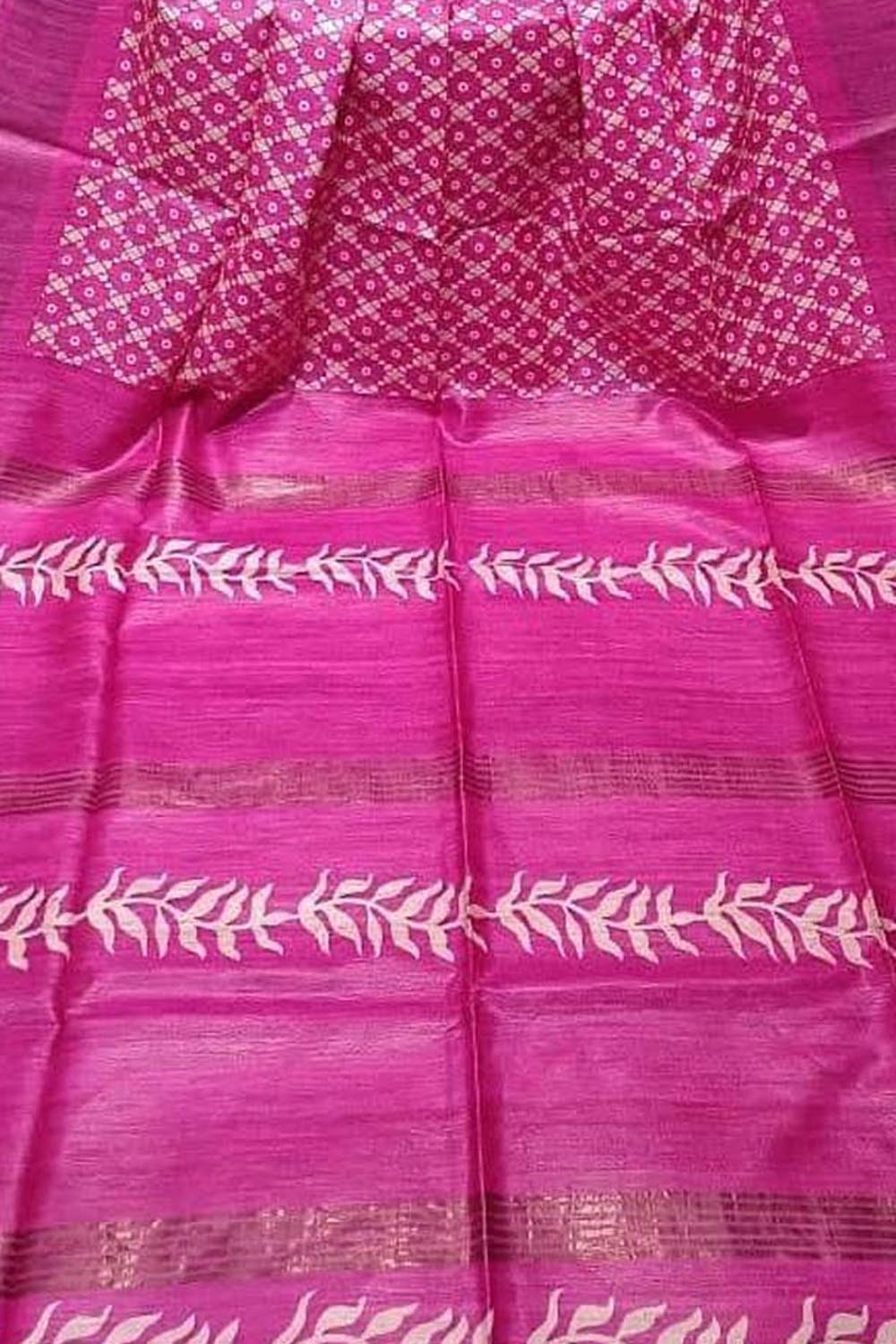 Pink Bhagalpur Pure Ghicha Tussar Silk Block Printed Saree - Luxurion World