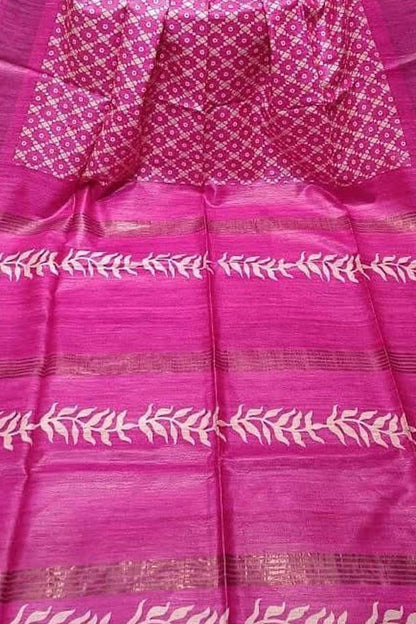 Pink Bhagalpur Pure Ghicha Tussar Silk Block Printed Saree - Luxurion World