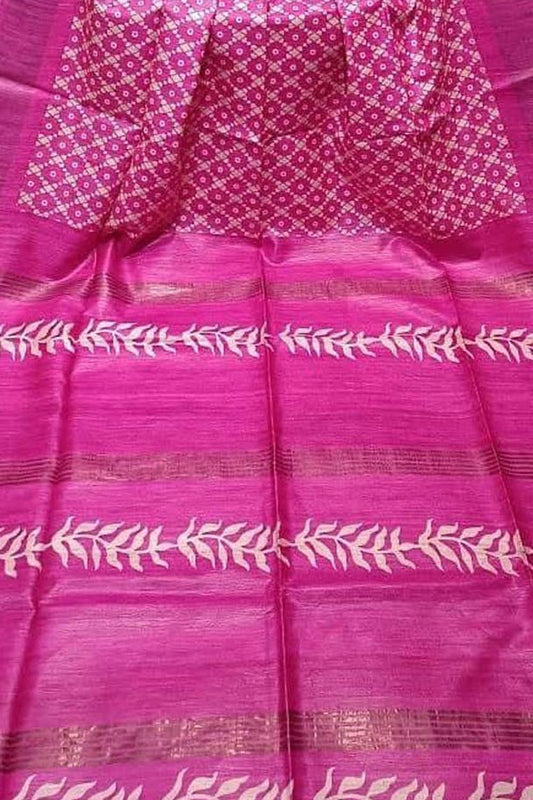 Pink Bhagalpur Pure Ghicha Tussar Silk Block Printed Saree - Luxurion World