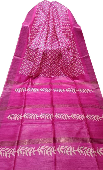 Pink Bhagalpur Pure Ghicha Tussar Silk Block Printed Saree - Luxurion World