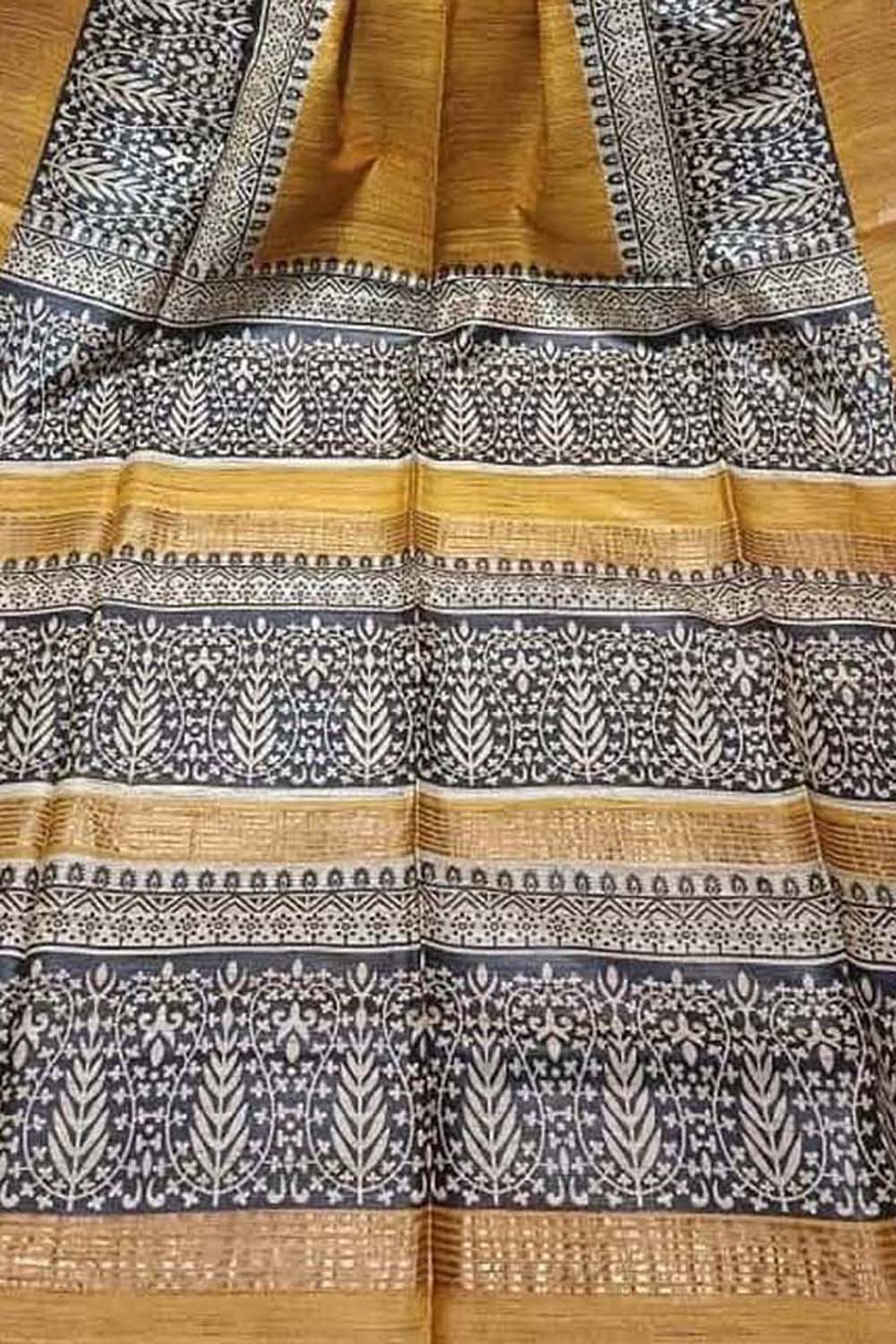 Yellow Bhagalpur Pure Ghicha Tussar Silk Block Printed Saree - Luxurion World