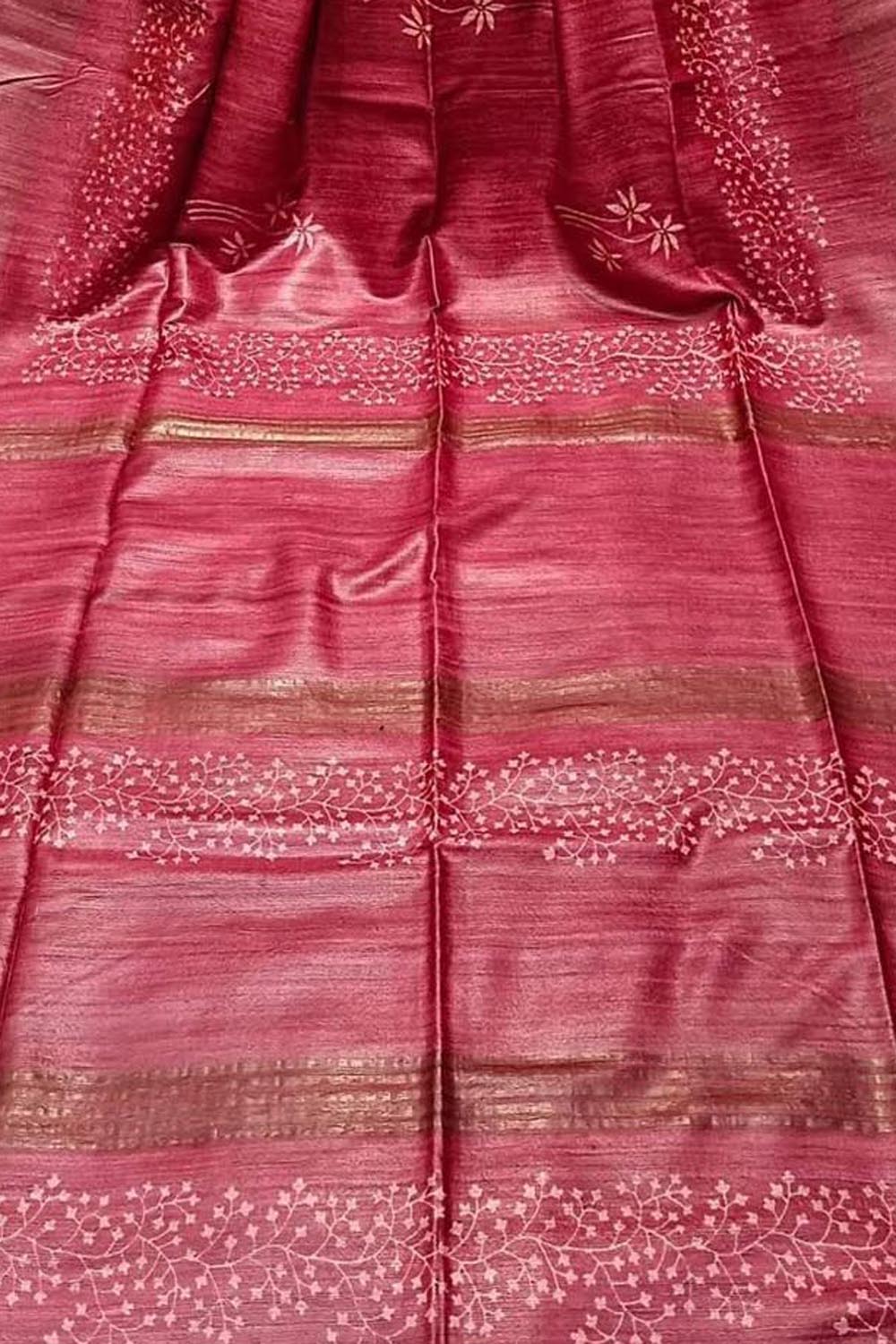 Pink Bhagalpur Pure Ghicha Tussar Silk Block Printed Saree - Luxurion World