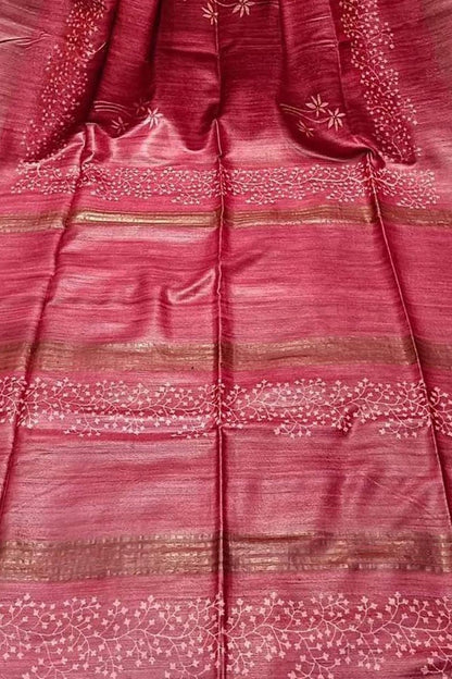 Pink Bhagalpur Pure Ghicha Tussar Silk Block Printed Saree - Luxurion World