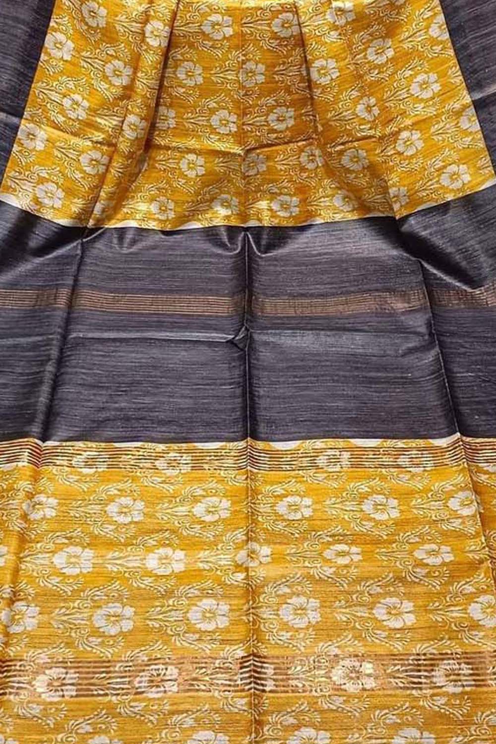 Yellow Bhagalpur Pure Ghicha Tussar Silk Block Printed Saree - Luxurion World