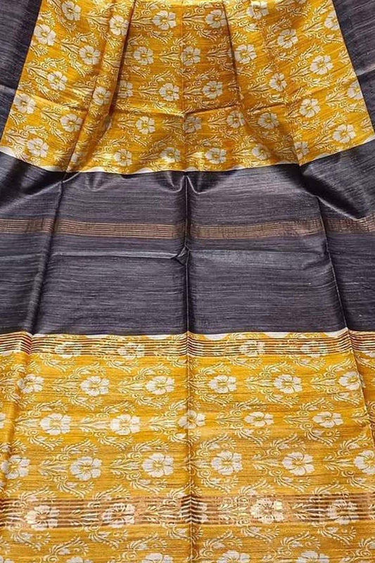 Yellow Bhagalpur Pure Ghicha Tussar Silk Block Printed Saree - Luxurion World