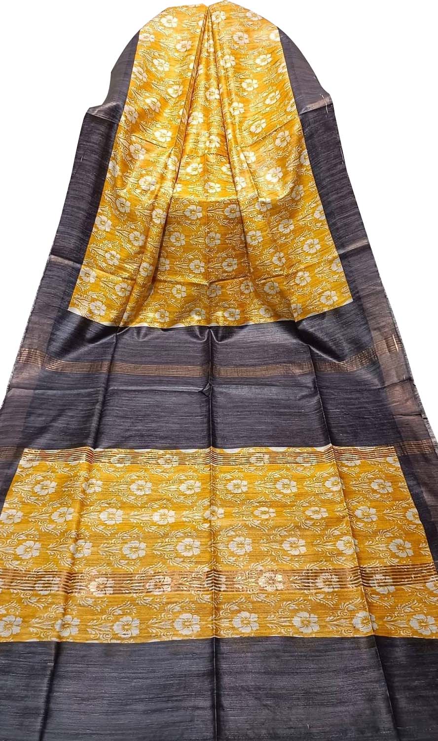 Yellow Bhagalpur Pure Ghicha Tussar Silk Block Printed Saree - Luxurion World