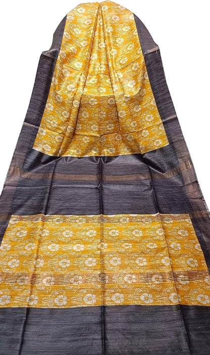 Yellow Bhagalpur Pure Ghicha Tussar Silk Block Printed Saree - Luxurion World
