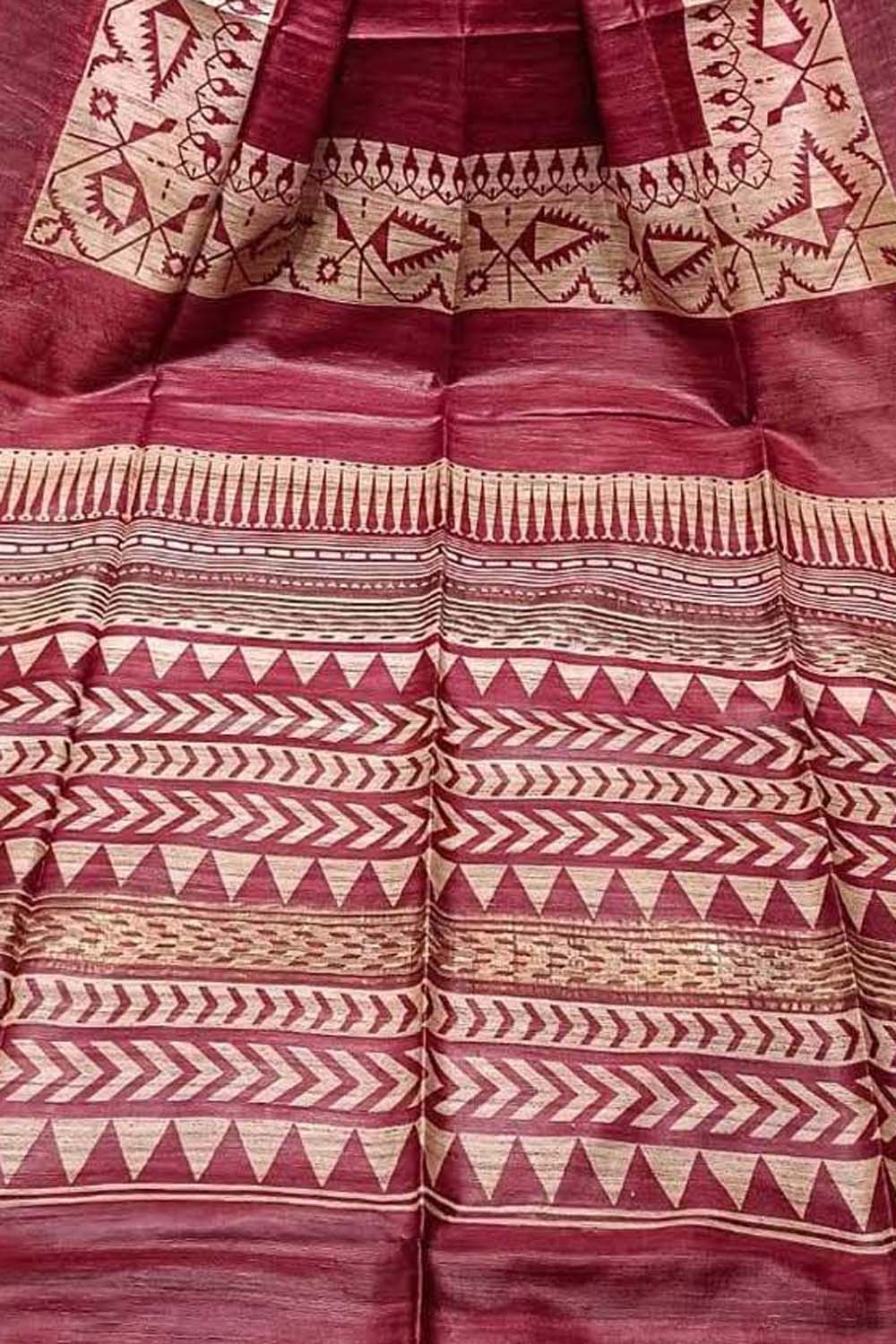 Red Bhagalpur Pure Ghicha Tussar Silk Block Printed Saree - Luxurion World