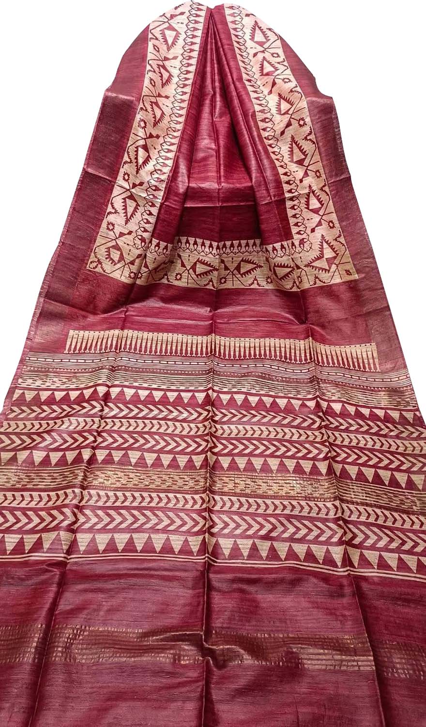 Red Bhagalpur Pure Ghicha Tussar Silk Block Printed Saree - Luxurion World