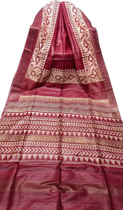 Red Bhagalpur Pure Ghicha Tussar Silk Block Printed Saree - Luxurion World