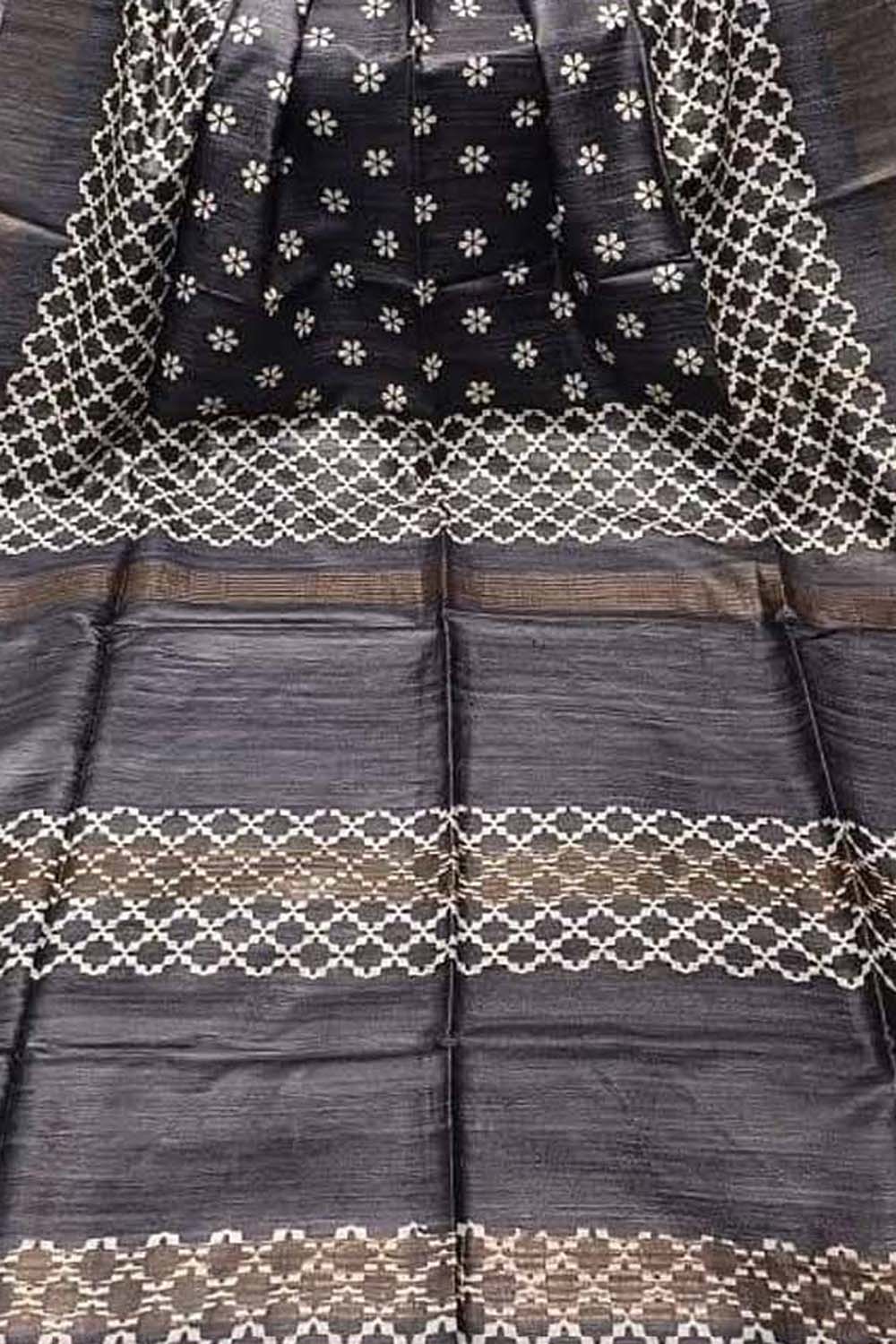 Elegant Black Bhagalpur Pure Ghicha Tussar Silk Block Printed Saree - Luxurion World