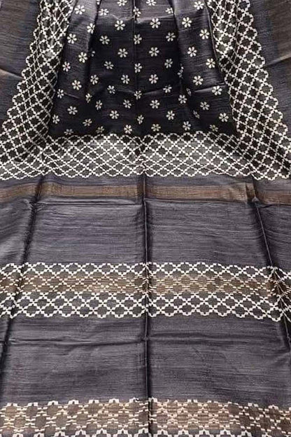 Elegant Black Bhagalpur Pure Ghicha Tussar Silk Block Printed Saree - Luxurion World