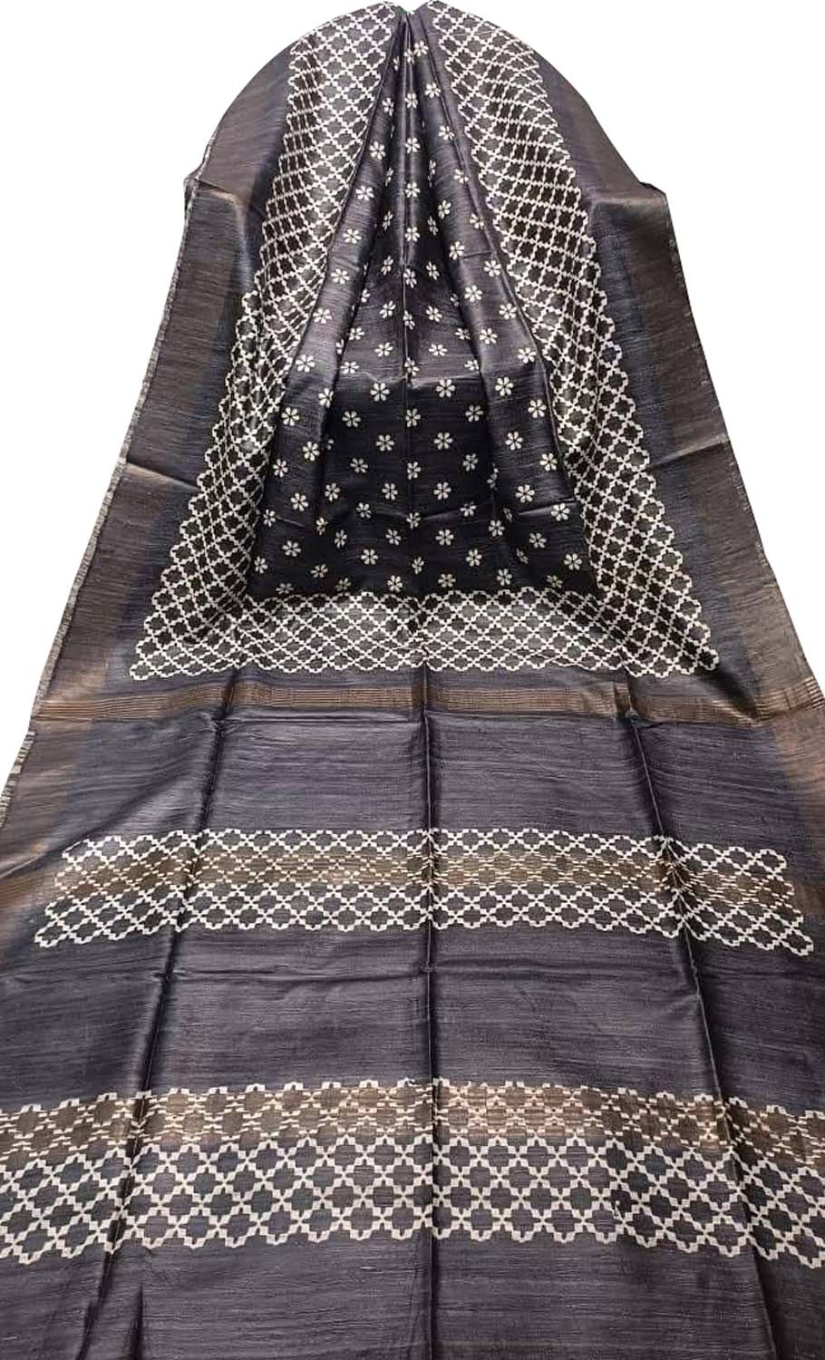 Elegant Black Bhagalpur Pure Ghicha Tussar Silk Block Printed Saree - Luxurion World