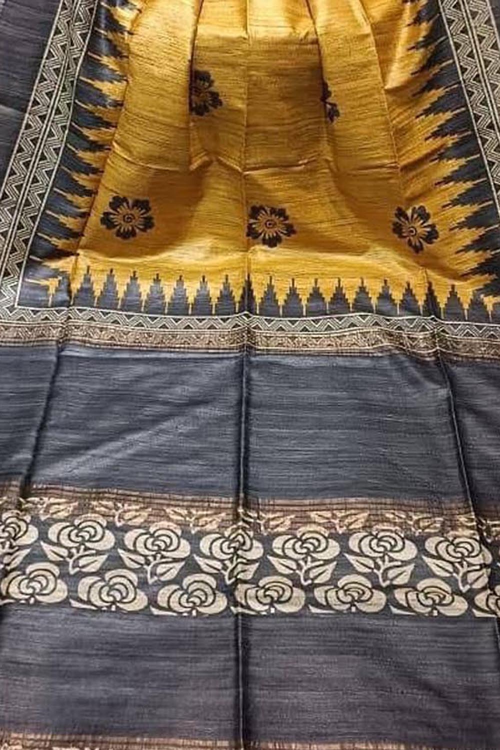 Yellow Bhagalpur Pure Ghicha Tussar Silk Block Printed Saree - Luxurion World