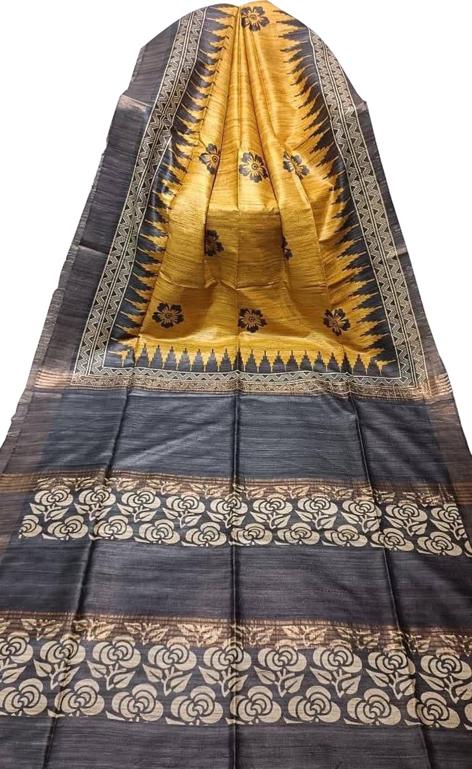 Yellow Bhagalpur Pure Ghicha Tussar Silk Block Printed Saree - Luxurion World