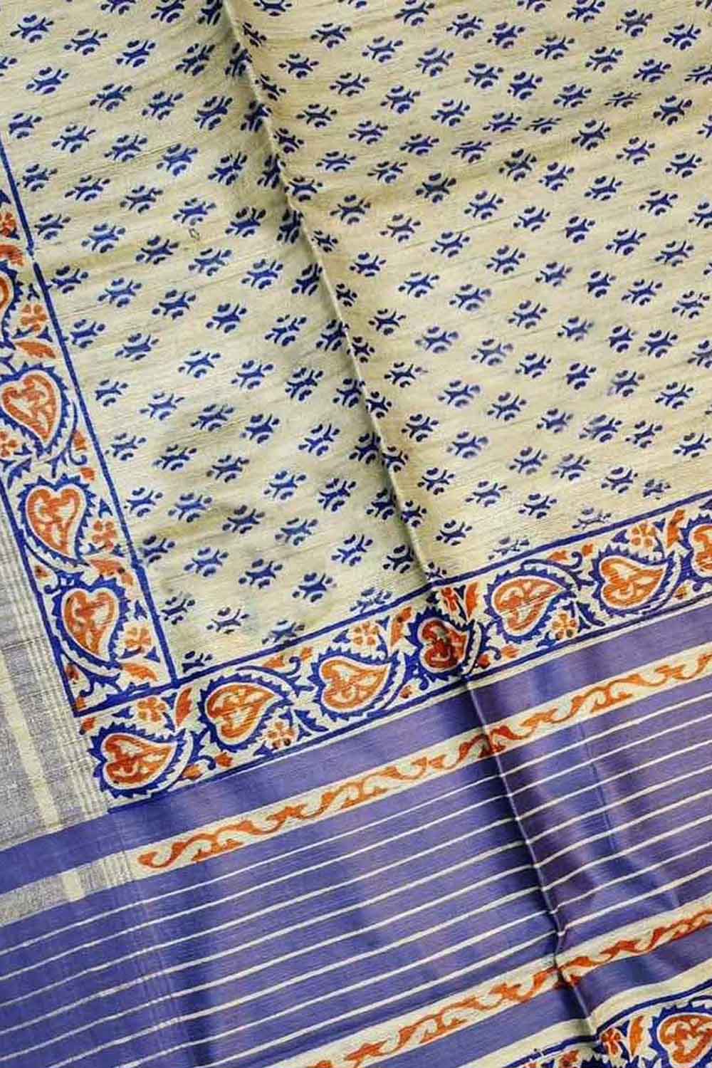 Pastel Bhagalpur Pure Ghicha Tussar Silk Block Printed Saree - Luxurion World