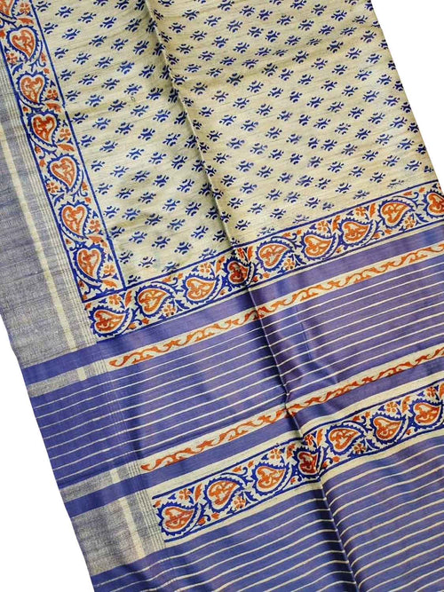 Pastel Bhagalpur Pure Ghicha Tussar Silk Block Printed Saree - Luxurion World