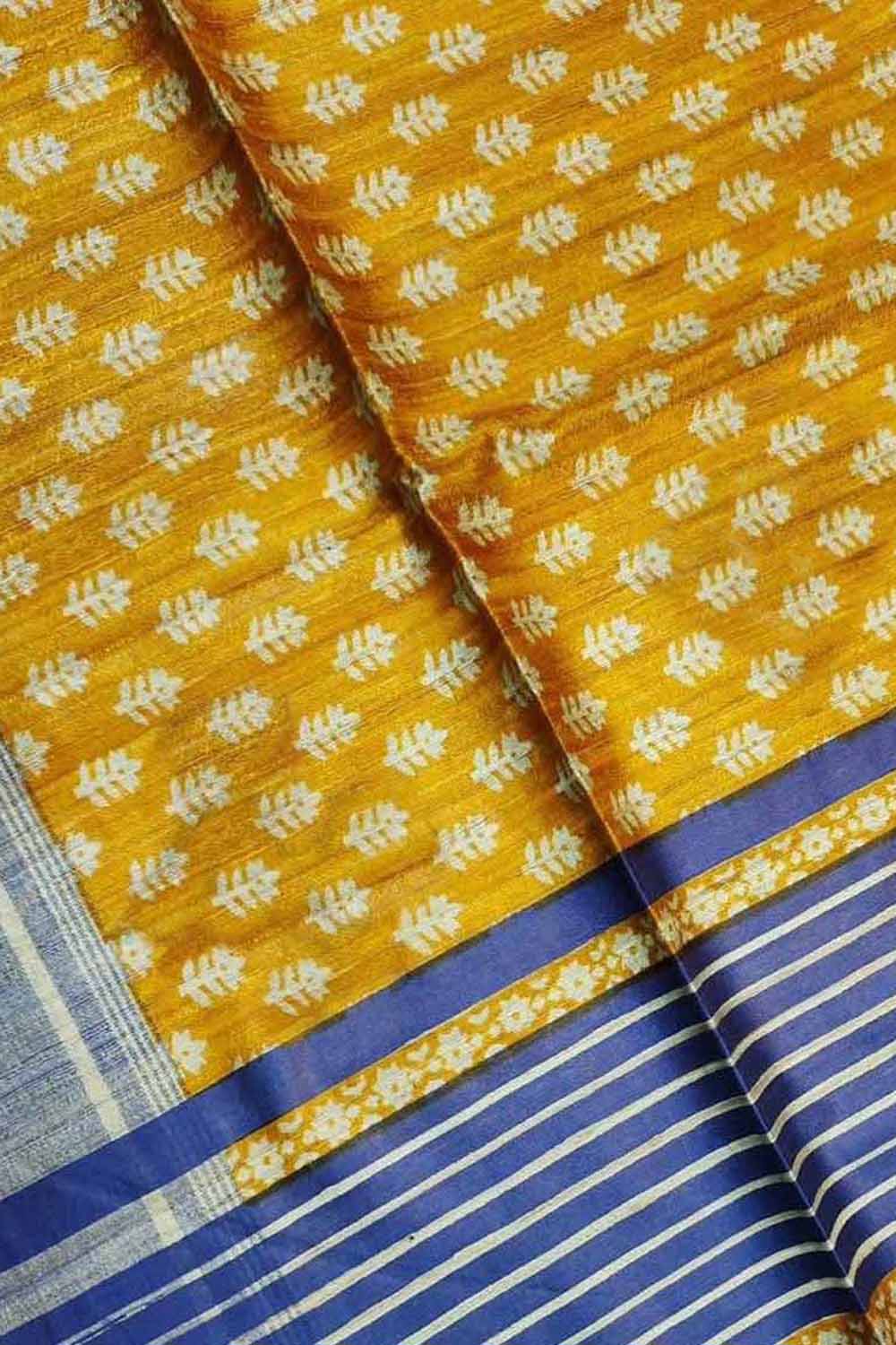 Stunning Yellow Bhagalpur Pure Ghicha Tussar Silk Block Printed Saree - Luxurion World