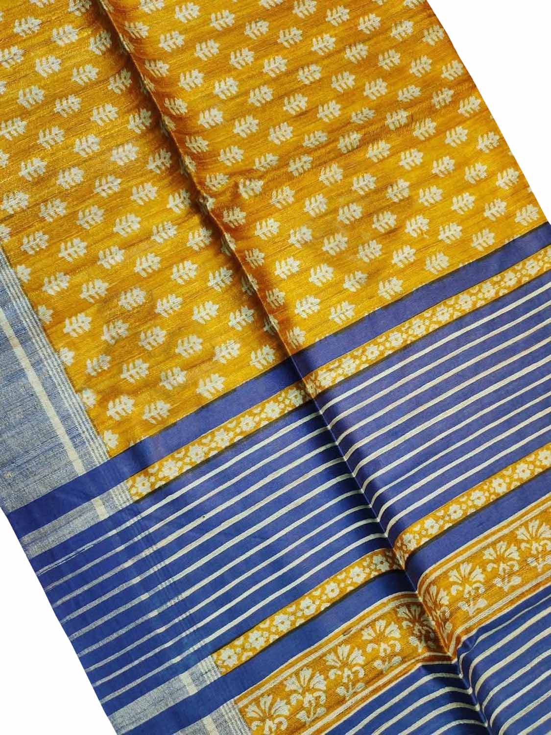 Stunning Yellow Bhagalpur Pure Ghicha Tussar Silk Block Printed Saree - Luxurion World