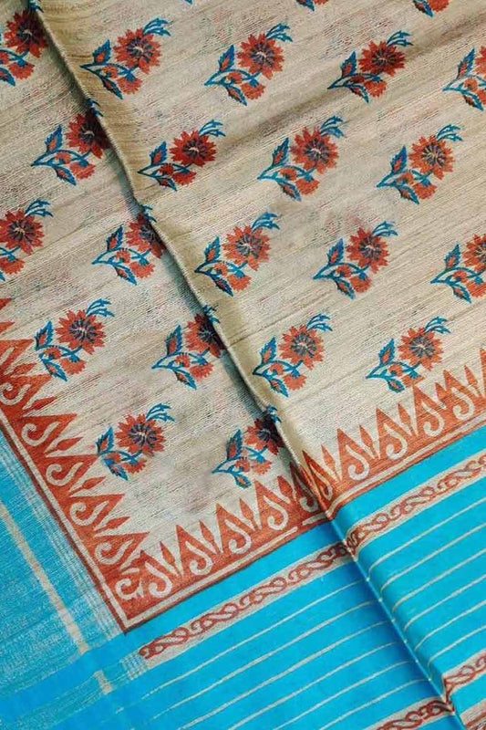 Pastel Bhagalpur Pure Ghicha Tussar Silk Block Printed Saree - Luxurion World