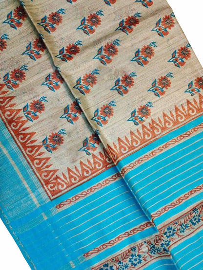 Pastel Bhagalpur Pure Ghicha Tussar Silk Block Printed Saree - Luxurion World
