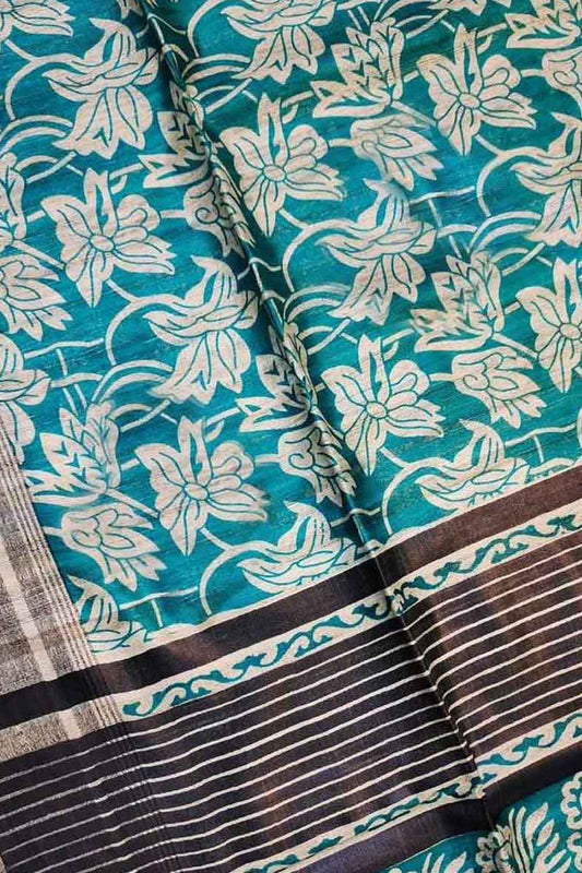 Elegant Blue Ghicha Tussar Silk Saree with Block Print - Luxurion World