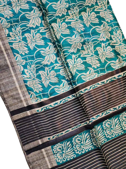 Elegant Blue Ghicha Tussar Silk Saree with Block Print - Luxurion World