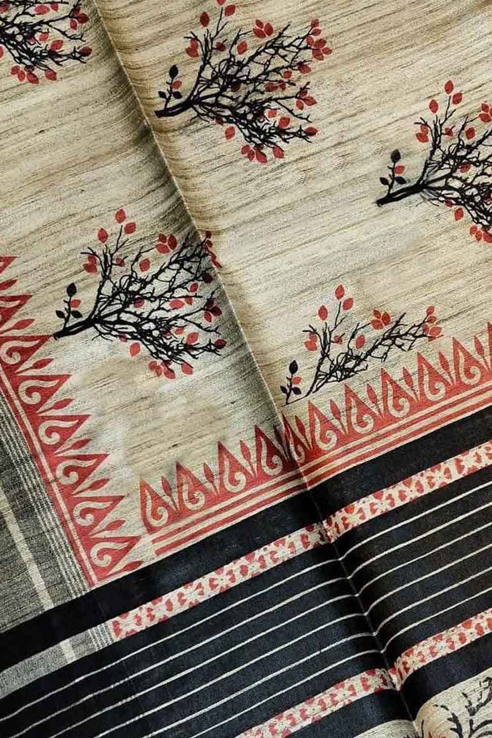 Pastel Bhagalpur Pure Ghicha Tussar Silk Block Printed Saree - Luxurion World